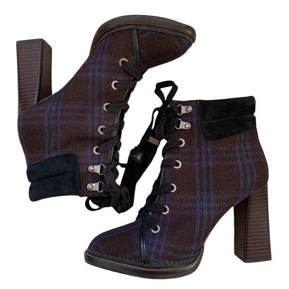 Sam Edelman Sondra Navy Plaid Lace Up Bootie Size 7 - Picture 2 of 12